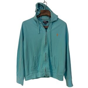 Vtg Polo Ralph Lauren Mens Blue Full Zip Hoodie Pique Sweatshirt Orange Pony XL